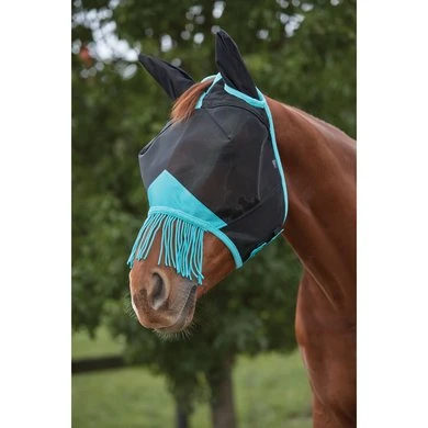 Weatherbeeta Vliegenmasker Comfitec Deluxe Fine Mesh Met Oren En Franjes Zwart/Turquoise 6 Weatherbeeta Vliegenmasker Comfitec Deluxe Fine Mesh Met Oren En Franjes Zwart/Turquoise - Afbeelding 4